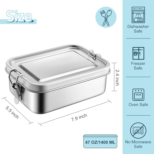 TeamFar Stainless Steel Bento Box, 47oz/1400ML Large Metal Lunch Box | Lunch Container for Adults / Kids, for Home/School/Office/Travel, with 2 Removable Dividers, Leak-Proof & Dishwasher Safe - size: 1400ML
