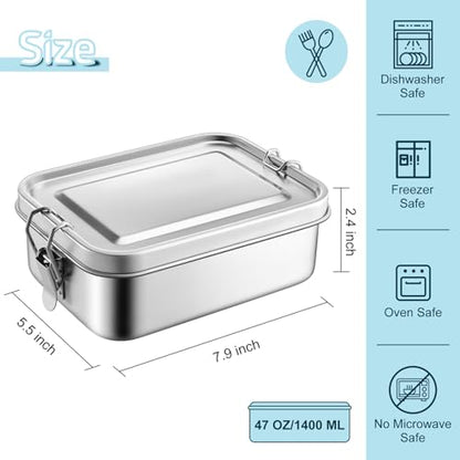TeamFar Stainless Steel Bento Box, 47oz/1400ML Large Metal Lunch Box | Lunch Container for Adults / Kids, for Home/School/Office/Travel, with 2 Removable Dividers, Leak-Proof & Dishwasher Safe - size: 1400ML
