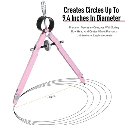 EBOOT Student Geometry Math Set, Metal Drawing Compass and 6 Inch Clear Swing Arm Protractors 180 Degree Math Protractor(Pink and Pink) - color: Pink and Pink