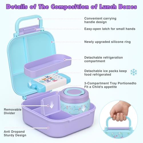 Bento Lunch Box for Kids with 7oz Soup Thermo,Insulated Stainless Steel Kids Water Bottle with Straw and Insulated Lunch Bag,Leak-Proof Lunch Food Container with Ice Pack for School(Purple-Mermaid) - color: Purple-Mermaid