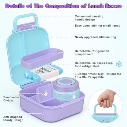 Bento Lunch Box for Kids with 7oz Soup Thermo,Insulated Stainless Steel Kids Water Bottle with Straw and Insulated Lunch Bag,Leak-Proof Lunch Food Container with Ice Pack for School(Purple-Mermaid) - color: Purple-Mermaid