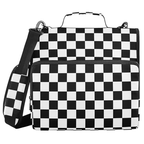 Black White Checkered Pattern 3 Ring Binder Bag 1.5 inch Binder Organizer with Zipper Shoulder Strap 500 Sheet Documents Storage for School Office - color: A7821, size: 13.6 x 12.4 x 3.5 in