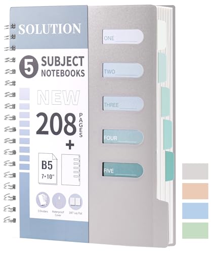 5 Subject Notebook Wide Ruled Spiral Notebook with Dividers, 7x10, Grey | 208 Pages, Waterproof Plastic Cover 80GSM Thick Paper,Removal Tabs Notebooks for School Work - color: 3.grey, size: 2.B5-Wide Ruled