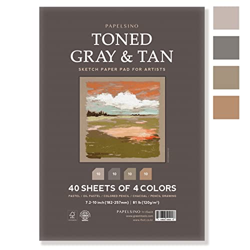 Toned Gray & Tan 4 Colors Sketchbook Paper Pad for Oil Pastel Colored Pencils Charcoal, 7.2 x 10”, f40 Sheets Papelsino