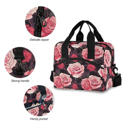 ALAZA Red Rose Geometric Insulated Lunch Bag Women Men Portable Reusable Cooler Lunch Tote Bag for Work Office Picnic College - color: Multi 01