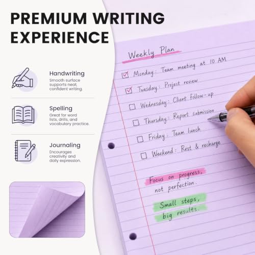 HIBOX Loose Leaf Paper Wide Ruled, 100 Sheets 8"x10.5" 3-Hole Punch, Purple | Anti-Bleed, 11/32" Spacing, Filler Paper for Binders, College, Office, School Supplies, Back to School & Classroom Must Haves - color: Purple