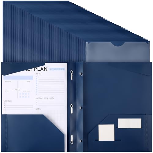 Tenceur 48 Pack Plastic Folders with 3 Prongs Bulk Heavy Duty Folders with Clear Front Pockets and Card Slots with Fasteners Fit Letter-Size Papers for Work School Office (Navy Blue) - color: Navy Blue