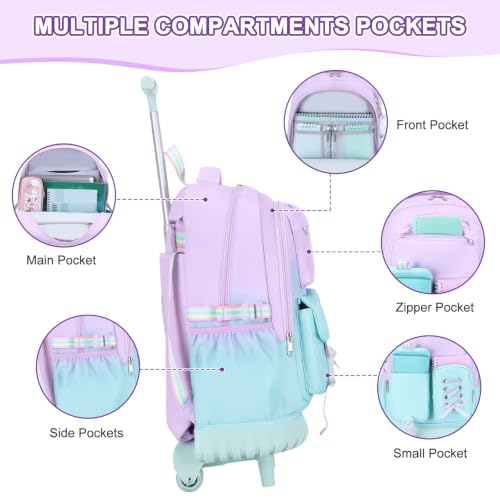 Scothen Rolling Backpack for Girls, Girls Backpack Set with Lunch Box & Pencil Pouch for Teen Girl Kids Children Elementary Middle School, Bookbag Daypack Laptop Travel Backpack with Wheels - color: Purple Blue