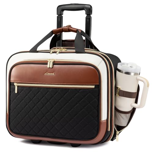 LOVEVOOK Rolling Laptop Bag Women, 17.3 Inch Laptop Briefcase with Wheels, Soft Sided Underseat Carry On Luggage Personal Item Suitcase for Work Travel Business, Black Brown Beige - color: Black-Brown-White