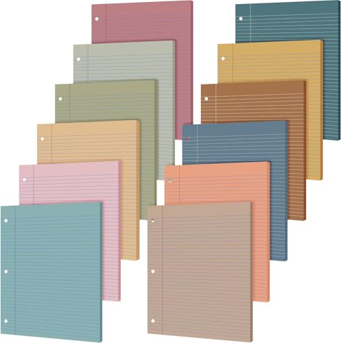 PerKoop 12 Pack 600 Sheets Colored Loose Leaf Paper Wide Ruled 8" x 10.5", Pastel Colorful Lined Writing Paper 3 Hole Punched Filler for 3 Ring Binder School Office Supplies(Natural Color) - color: Natural Color