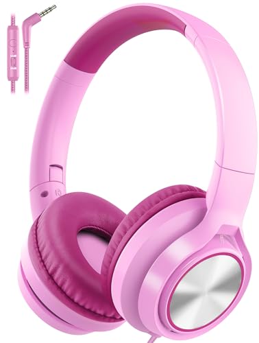Voopwink Kids Headphones with Microphone, Wired Over Ear Headsets with Limited Volume 85dB/ 94dB for Boys Girls Teens Children Online School/Travel/iPad/Tablet/Cellphone - color: Rose Pink, size: Plug 3.5mm