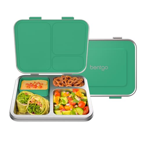 Bentgo Kids Stainless Steel Leak-Resistant Lunch Box - 3-Compartments with Bonus Silicone Container, Durable, Eco-Friendly, Dishwasher Safe, BPA-Free, Ideal for School, Ages 3+ (Green) - color: Green