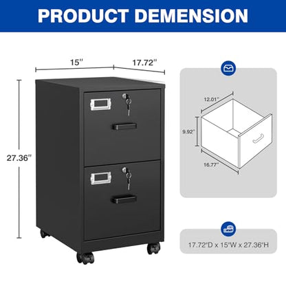 BYNSOE 2 Drawers File Cabinet with Lock Metal Vertical File Cabient with Wheels Mobile File Cabinet for Office Home Legal/Letter/a4 Size Require Assembly - color: Black, size: 2 Drawers-wheels