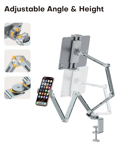 OMOTON GH03 Tablet Holder with 2 ABS Clamps, Aluminum Long Arm Mount, Grey | C-Clamp Base with 360°Rotation Fits Desk, Bed, Side Cabinet, Kitchen, Adjustable Tablet Stand for 4-13" iPad Pro/iPhone - color: Grey