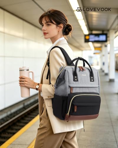 LOVEVOOK Lunch Backpack for Women, 15.6 Inch Laptop Backpack with Insulated Lunch Compartment,Built-in Cooler Work Bag,Wide Open Computer Backpack with Tumbler Holder,Water-Resistant Nurse Teacher Bag - color: Gray-carbon-brown