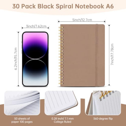 Watersay 30 Pcs Small Spiral Notebooks A6 with Straps, Multicolor 5" x 7" Pocket Notebooks Mini Lined Journals 50 Sheets for Back to School Supplies Students Rewards Office Gifts(Brown) - color: Brown