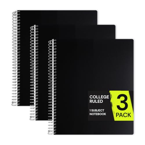 ONAVIA 1 Subject Spiral Notebook College Ruled 3 Pack, 200 Pages, Black | 100 Sheets, 9 x 11 in, Waterproof Plastic Cover, Durable, 3-Hole Punched, Divider, Double-Sided Pocket, Study - color: Black, size: 8.5 x 11''