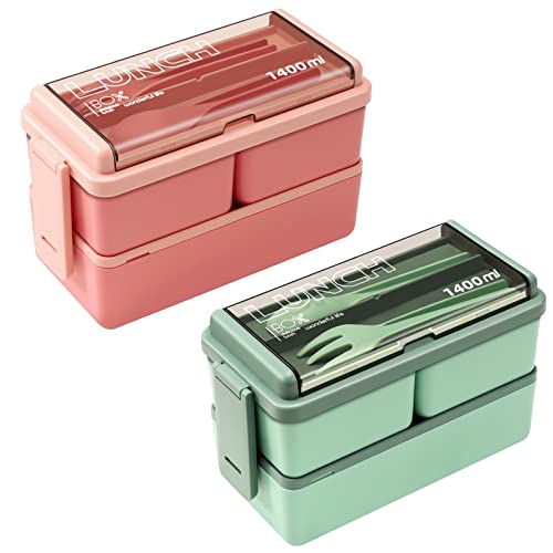 CHZZMS 2 Pack Bento Box Adult Lunch Box,49OZ Leakproof Eco-Friendly Stackable Bento Lunch Box Meal Prep for Dining Out, Work, Picnic, School (green+pink) - color: green+pink