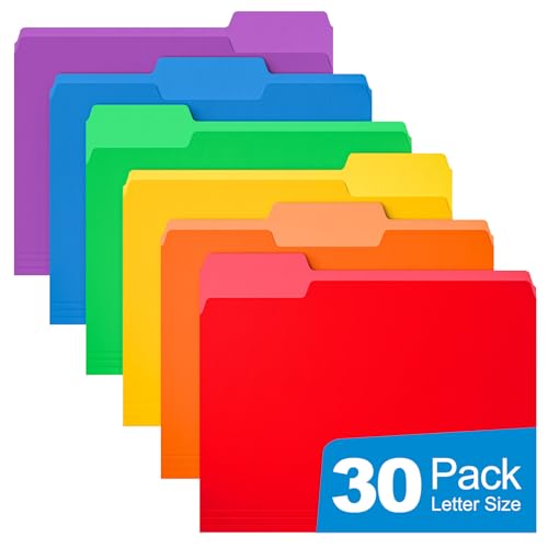 HABGP 30 Pack Manilla Folders 8.5 x 11 Inch, 1/3-Cut Tab Colored File Folders Letter Size, Paper File Folders, Manila Folders Home Office School Supplies for Documents Files, 6 Assorted Colors - size: 30 Pack