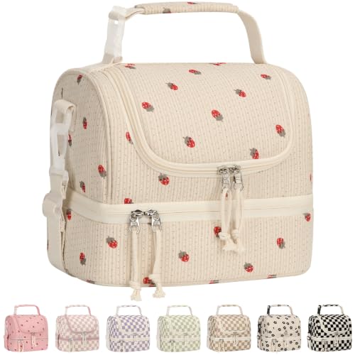 Vankor Corduroy Lunch Box Kids Insulated Lunch Bag Double Decker, Cute Leak-Proof Lunch Box for Boys Girls, Portable Cooler Lunch Bag Thermal Lunch Tote for School Picnic Travel, Beige Strawberry - color: Beige Strawberry