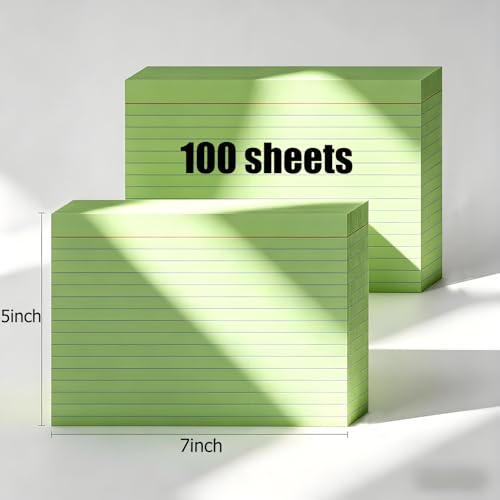 5x7 Green Flash Cards (100 Pack), Heavyweight 160gsm Green Index Cards for Teachers — College Ruled & Blank Back, Large Lined Note Cards for Classroom Activities & Lesson Planning - color: Green