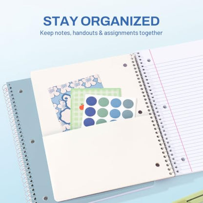 SUNEE Spiral Notebook, 1-Subject, College Ruled Paper, 8" x 10-1/2", 100 Sheets per Notebook, 3-Hole Punched Paper, Water Resistant Cover, Double-sided Pockets, Grey Blue - color: Grey Blue