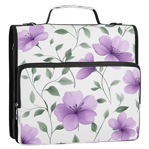 Kigai Purple Flowers 3 Ring Zipper Binder with Handle & Shoulder Strap Trapper Keeper Expanding File Multiple Pockets Binder Organizer