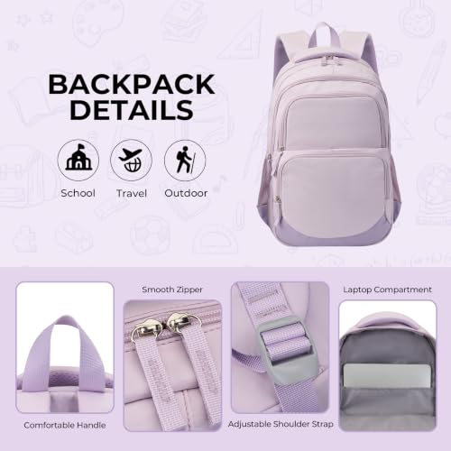 Glodwheat 3Pcs Backpack Set For Girls With Insulated Lunch Bag & Pencil Case, Lightweight Water-Resistant School Bookbag With 11 Compartments / 20L - color: Lavender