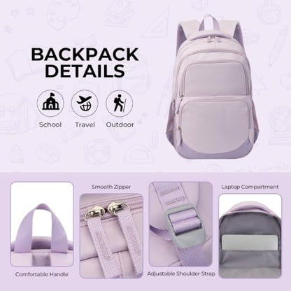 Glodwheat 3Pcs Backpack Set For Girls With Insulated Lunch Bag & Pencil Case, Lightweight Water-Resistant School Bookbag With 11 Compartments / 20L - color: Lavender