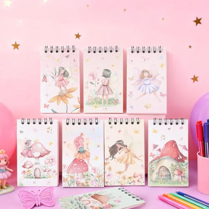 8 Pcs Mini Flower Fairy Spiral Notebooks 3.9 x 2.4 Inch, Mixed Colorful Mushroom House Elf Design Journal Lined Memo Pad, Portable Coil Notepads for Kids Birthday Party Classroom Gifts Supplies - color: Flower Fairy