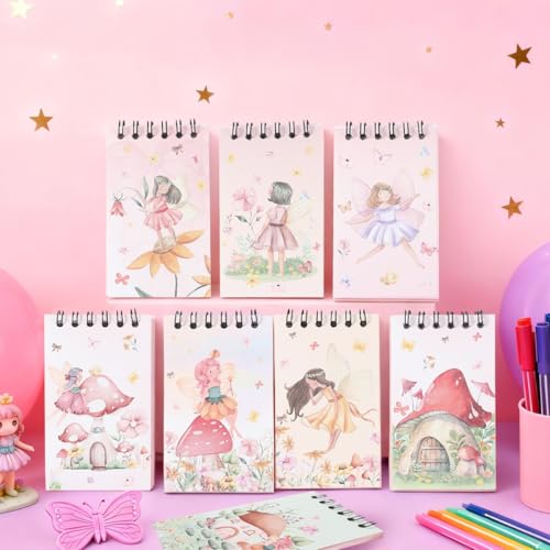 8 Pcs Mini Flower Fairy Spiral Notebooks 3.9 x 2.4 Inch, Mixed Colorful Mushroom House Elf Design Journal Lined Memo Pad, Portable Coil Notepads for Kids Birthday Party Classroom Gifts Supplies - color: Flower Fairy