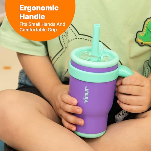 VINUR Kids Tumbler with with Lid and Straw -14 oz Stainless Steel Vacuum Insulated Tumbler Travel Mug with Handle & Silicone Base-Gifts for Girls, Purple - color: Purple, size: 14 Ounces