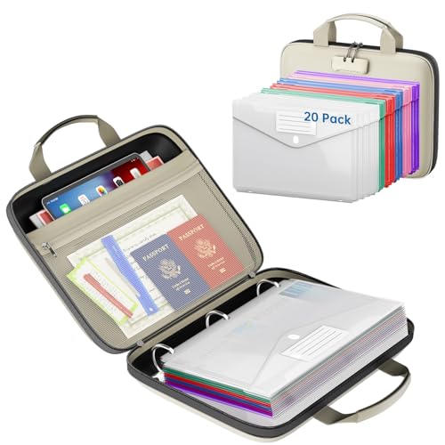 Binder Folders Organizer with 20 Pack Heavyweight Plastic Pockets,Fireproof File Folder Box with Lock,Zipper Binder Bag for Important Documents,Letter Size,Beige - color: Beige