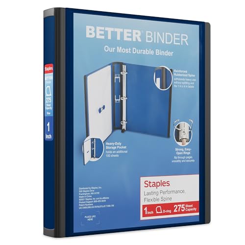 Staples Better View 1-Inch D-Ring Binder, Blue – Durable 3-Ring Binder with Clear Overlay for School & Office - color: Blue, size: 1-Inch, style: 1 Pack