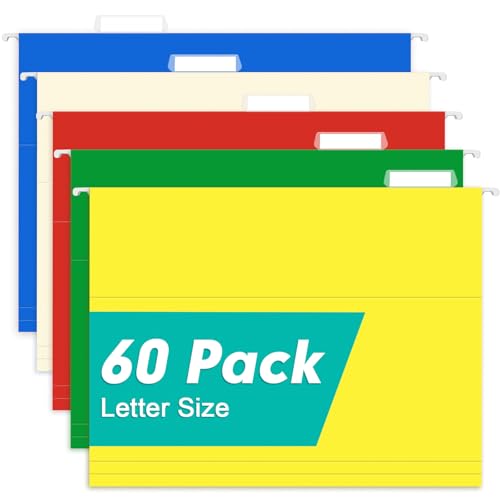 HERKKA Hanging File Folders, 60 Pack Reinforced Letter Size Hanging Folders with Heavy Duty 0 Inch Expansion, Designed for Bulky Files, Medical Charts, Adjustable Tabs, Assorted Colors - color: Assorted 5 Colors