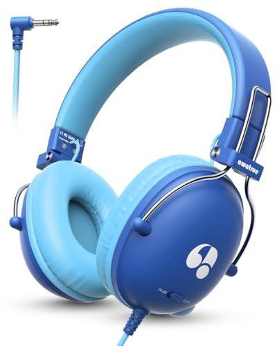 awatrue Kids Headphones, 74/85dB Safe Volume Limit, Stereo Sound, Wired On-Ear Headphones for Kids Boys Girls, 3.5mm Jack for Tablet, iPad, Kindle, YOTO Player, Airplane Travel, Blue - color: Blue