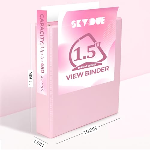 SKYDUE 3 Ring Binders, 1.5 Inch D-Ring, Pink | Holds 450 Sheets of 8.5x11 Paper, Custom View Cover with 2 Interior Storage Pockets, School & Office Supplies - color: Pink