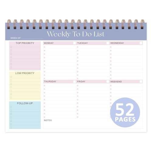 Weekly To Do List Notepad, 52 Sheets, Undated Weekly Planner, Letter Size | 8.5"x11", 100GSM, Thick Paper, Twin-Wire Spiral Bound, Tear Off Desk Pad, For Women & Man, Home School & Office Work - color: Purple