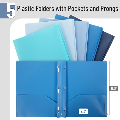 Mr. Pen- Plastic Folders with Pockets and Prongs, 5 Pack, Letter Size | Blue Shades, Flexible Plastic Folders with Prongs - color: Blue Shades, size: 5 Pack