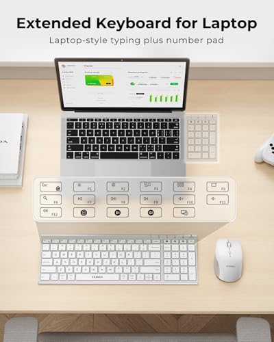 seenda COE401 Bluetooth Keyboard Mouse Combo, Rechargeable, White Silver | Silent rechargeable keyboard and mouse with 3-device connection for Windows, Mac, iPad, and laptops. - color: White Silver