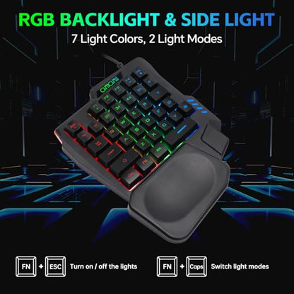 One Handed Gaming Keyboard and Mouse Combo for LOL/Wow/fortnite/Dota/PUBG | Half Mini RGB Keyboard, 35 Keys, Ergo Wrist Rest, LED 7200DPI CPI Customize Gaming Mouse, with USB Spilitter, Small Wired Set