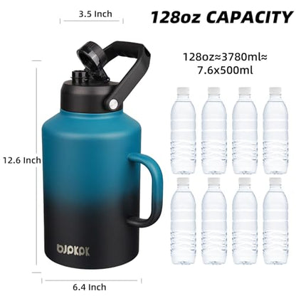 BJPKPK 1 Gallon Water Bottle with Handle, Large Dishwasher Safe 128oz Insulated Water Bottle, BPA Free Water Jug, Wide Mouth Metal Flasks with Anti-slip Bottom, Keep Cold & Hot,Blue & Black - color: Blue & Black, style: 128oz-Side Handle