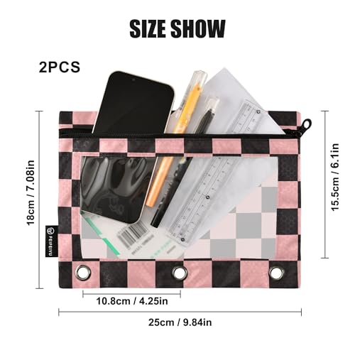 Lightpink Buffalo Plaid Binder Pouches 3 Ring for Boys Girls School Office College Supplies Black Chessboard Orchid Pink Pencil Pouches Case Bag with Clear Window and Zipper 2 Pack - color: Lightpink