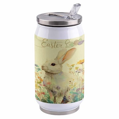 Easter Watercolor Rabbit Spring Flowers Yellow 14oz Stainless Steel Tumbler with Lid & Straw-Double Wall Vacuum Insulated Travel Mug Water Bottle Coffee Beverage Drinks Cup - size: 14 Ounces