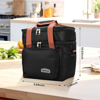 Men's and Women's Lunch Box - Double layer Insulated Lunch Bag, Insulated Inner Lining, Portable Cooler for Work, Travel, or Picnicking, Black