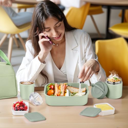 Bento Lunch Box Set with 10.5oz Soup Thermo Food Jar for Adults Kids, Stainless Steel Leak-proof Lunch Container, Coffee Tumbler with Lunch Bag for School Travel Office-Green - color: Green