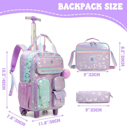 Kids Rolling Backpack with Wheels for Girls Roller Travel Luggage Kids Carry on School Backpack for Girls Ages 6-8 Purple - color: A Purple Love