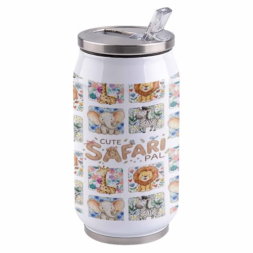 Cute Safari Pal 14oz Stainless Steel Tumbler with Lid & Straw-Double Wall Vacuum Insulated Travel Mug Cute Giraffes Elephants Flowers Check Water Bottle Coffee Beverage Drinks Cup - size: 14 Ounces
