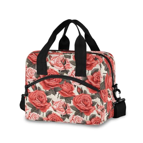 ALAZA Pink Red Roses Leaves Insulated Lunch Bag Women Men Portable Reusable Cooler Lunch Tote Bag for Work Office Picnic College - color: Multi 04