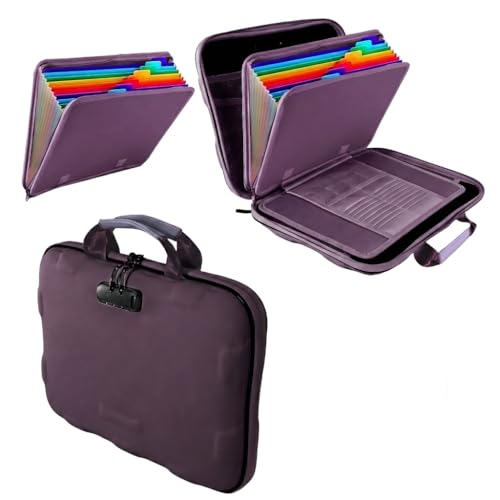 Fireproof Document Box, Hard Case Fireproof File Organizer Box with Lock and 13 Pocket Accordion File Folder, Portable Safe Box for Office Storage Important Documents (With Out Shoulder Strap, Purple) - color: Purple
